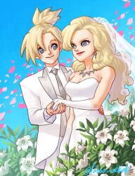 Rule 34 | 1boy, 1girl, ayla (chrono trigger), bare shoulders, blonde hair, blue eyes, breasts, bridal veil, cherry blossoms, chrono trigger, cleavage, closed mouth, collared shirt, couple, cowboy shot, curly hair, dress, earrings, falling petals, flower, fusso oekaki, gloves, grey necktie, hair between eyes, hand on another&#039;s hip, hetero, high ponytail, highres, holding hands, husband and wife, jacket, jewelry, kino (chrono trigger), leaf, lily (flower), long hair, looking at another, medium breasts, necklace, necktie, outdoors, pants, parted bangs, petals, pinstripe pattern, pinstripe vest, shirt, short ponytail, smile, striped, tuxedo, twitter username, veil, vest, waistcoat, wedding, wedding dress, white dress, white flower, white gloves, white jacket, white pants, white shirt