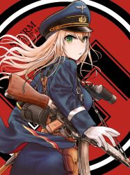 Rule 34 | 1girl, assault rifle, bad id, bad twitter id, binoculars, blonde hair, character name, girls&#039; frontline, gloves, green eyes, gun, hat, highres, holster, long hair, looking back, military, military uniform, pantylines, red background, red bag, rifle, solo, stg44, stg44 (girls&#039; frontline), swastika, turisasu, uniform, weapon, white background, white gloves