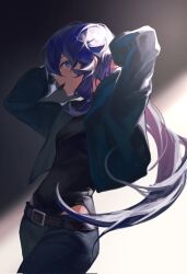 Rule 34 | 1girl, belt, black background, black shirt, blue eyes, brown belt, denim, facing to the side, fu hua, green jacket, gskrika, hair tie, hair tie in mouth, highres, honkai (series), honkai impact 3rd, jacket, jeans, long hair, looking at viewer, mouth hold, multicolored background, pants, purple hair, shirt, side ponytail, solo, white background