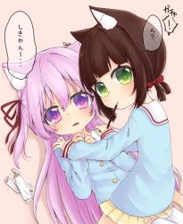 Rule 34 | 2girls, animal ears, azur lane, bad id, bad pixiv id, beige background, blue shirt, blush, brown hair, cat ears, commentary request, food, food in mouth, girl on top, green eyes, hair ribbon, kindergarten uniform, kisaragi (azur lane), long hair, long sleeves, looking at viewer, looking back, low twintails, lying, mouth hold, multiple girls, mutsuki (azur lane), on back, parted lips, pleated skirt, pocky, purple eyes, purple hair, red ribbon, reo (re2kn), ribbon, shirt, short hair, short twintails, sidelocks, simple background, skirt, straddling, sweat, thighhighs, translation request, twintails, two side up, very long hair, white legwear, yellow skirt, yuri