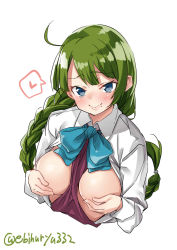 Rule 34 | 1girl, ahoge, between breasts, blue bow, blue bowtie, blue eyes, blush, bow, bowtie, braid, breasts, breasts out, closed mouth, collared shirt, covering privates, covering breasts, ebifurya, from above, green hair, heart, highres, kantai collection, lips, long hair, long sleeves, looking at viewer, looking up, mole, mole on breast, no bra, shirt, simple background, single braid, small breasts, solo, speech bubble, spoken heart, upper body, very long hair, white background, white shirt, wing collar, yuugumo (kancolle)