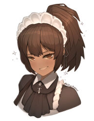 Rule 34 | 1girl, ascot, black ascot, brown eyes, brown hair, ceo of disgrace, collared shirt, grin, high ponytail, highres, limbus company, looking at viewer, maid, maid headdress, medium hair, nelly (project moon), parted lips, project moon, shirt, simple background, smile, solo, white background
