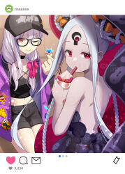 Rule 34 | 2girls, abigail williams (fate), abigail williams (tour outfit) (fate), back, bare shoulders, baseball cap, black bow, black camisole, black dress, black headwear, black shorts, blush, bow, breasts, camisole, choker, cleavage, collarbone, colored skin, double bun, dress, fate/grand order, fate (series), forehead, glasses, hair bow, hair bun, hair ribbon, hat, highres, hood, hooded jacket, jacket, kama (fate), kama (tour outfit) (fate), keyhole, large breasts, long hair, long sleeves, looking at viewer, looking back, low twintails, midriff, multiple girls, multiple hair bows, nail polish, navel, off shoulder, one eye closed, orange bow, parted bangs, pink nails, purple jacket, red eyes, ribbon, ryofuhiko, short shorts, shorts, sidelocks, small breasts, smile, third eye, twintails, very long hair, white hair, white skin