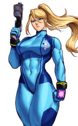 Rule 34 | 1girl, absurdres, blonde hair, blue eyes, bodysuit, bracelet, breasts, clenched hand, covered navel, gloves, gun, highres, holding, holding gun, holding weapon, jewelry, large breasts, long hair, looking at viewer, metroid, mole, mole under mouth, muscular, muscular female, nintendo, ponytail, samus aran, sidelocks, skin tight, solo, sotcho, thighs, weapon, zero suit