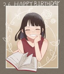 Rule 34 | 1girl, ^ ^, aged down, bare arms, bare shoulders, birthday, black hair, blunt bangs, blunt ends, blush, bob cut, book, child, closed eyes, commentary, cropped torso, dress, female focus, flower, grin, hand on own chin, happy birthday, highres, holding, holding book, medium hair, nico robin, official alternate costume, one piece, paper texture, purple dress, rectangle, sa wint, short hair, sidelocks, sleeveless, sleeveless dress, smile, solo, upper body, v-neck