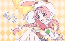 Rule 34 | 1girl, animal hat, animal hood, braid, button eyes, buttons, copyright notice, gloves, hair ornament, hat, highres, hood, mimi (princess connect!), official art, orange background, pink hair, princess connect!, rabbit hair ornament, rabbit hat, rabbit hood, solo, twin braids, yellow eyes