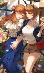 Rule 34 | 2girls, bag, blue skirt, breasts, brown hair, brown shorts, collarbone, commentary, commission, cup, disposable cup, english commentary, feet out of frame, frappuccino, frilled shirt, frills, girls&#039; frontline, green eyes, handbag, headgear, heart-shaped lock, heart lock (kantai collection), highres, holding, holding cup, holding hands, jacket, jewelry, kantai collection, large breasts, locket, long hair, looking at another, midriff, multiple girls, mutsu (kancolle), navel, one eye closed, open clothes, open jacket, pendant, ring, shirt, short hair, shorts, skirt, smile, springfield (girls&#039; frontline), tank top, twitter username, watermark, wawatiku, wedding ring, white shirt, white tank top, yuri