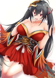 Rule 34 | 1girl, azur lane, bare shoulders, black hair, breasts, cleavage, collarbone, dress, finger to mouth, hair ornament, hair ribbon, hand in own hair, highres, itete, large breasts, long hair, looking at viewer, open mouth, red dress, red eyes, ribbon, solo, taihou (azur lane), tongue, white background