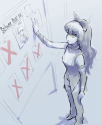 Rule 34 | 1girl, blake belladonna, board, bow, breasts, female focus, gradient background, hair bow, hand on wall, iesupa, long hair, partially colored, photo (object), rwby, sketch, solo, weiss schnee, yellow eyes