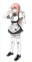 Rule 34 | 1girl, apron, black footwear, black ribbon, blue eyes, blush, bocchi the rock!, breasts, chorohanage, commentary request, dress, full body, gotoh hitori, hair between eyes, hair over eyes, hands up, highres, lace, lace-trimmed thighhighs, large breasts, loafers, long hair, maid, miniskirt, neck ribbon, one side up, pink hair, puffy short sleeves, puffy sleeves, ribbon, shoes, short sleeves, sidelocks, simple background, skirt, solo, standing, sweatdrop, thighhighs, white apron, white background, white thighhighs, white wrist cuffs, wrist cuffs