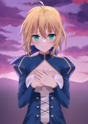 Rule 34 | 1girl, absurdres, ahoge, artoria pendragon (all), artoria pendragon (fate), blonde hair, blue dress, blue ribbon, blush, closed mouth, clothing cutout, cloud, dress, fate/stay night, fate (series), green eyes, hair between eyes, hair ribbon, hand over heart, hands on own chest, highres, juliet sleeves, long sleeves, looking at viewer, outdoors, puffy sleeves, purple sky, ribbon, saber (fate), short hair, sidelocks, sky, smile, solo, upper body, yuyuenimo
