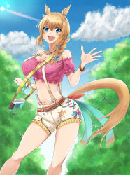 Rule 34 | 1girl, animal ears, bare shoulders, blue eyes, blue sky, blush, braid, braided ponytail, breasts, brown hair, camera, cleavage, cloud, cloudy sky, commentary request, cowboy shot, earrings, green nails, grin, hair ornament, hand on own hip, highres, holding, holding camera, horse ears, horse girl, horse tail, jewelry, kemuri (etep3372), keychain, large breasts, long sleeves, looking at viewer, medium hair, midriff, multiple bracelets, navel, off-shoulder shirt, off shoulder, official alternate costume, outdoors, pink shirt, pink top, plaid, plaid shirt, shirt, shorts, single earring, sky, smile, solo, strap, taiki shuttle (bubblegum memories) (umamusume), taiki shuttle (umamusume), tail, tree, umamusume, waving, white shorts