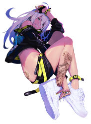 Rule 34 | 1girl, absurdres, arm up, bare shoulders, belt, black jacket, black shorts, blue eyes, cropped jacket, full body, hair between eyes, highres, jacket, jewelry, leg belt, long hair, long sleeves, looking at viewer, midriff, monq, nail polish, neon lights, nike (company), nike air force 1, off shoulder, original, pink lips, reflection, ring, ripples, sharp teeth, shoes, short shorts, shorts, sidelocks, simple background, solo, tattoo, teeth, thighs, water, white background, white footwear, white hair, yellow nails