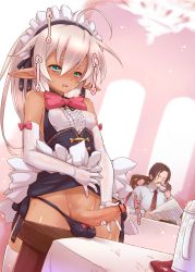 Rule 34 | 1boy, 1girl, blue eyes, blush, bulge, censored, clothes lift, cum, dark skin, dress, dress lift, ejaculation, elbow gloves, elf, exc heaven, full-package futanari, futanari, futanari masturbation, gloves, gokkun, highres, lifted by self, long hair, maid, maid headdress, masturbation, original, penis, pointy ears, silver hair, sweat, testicles, thighhighs