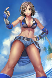 Rule 34 | 1girl, bad id, bad pixiv id, bare shoulders, breasts, brown eyes, brown hair, cleavage, cloud, come hither, crop top, day, fingerless gloves, gloves, grin, hand guard, hand on own hip, kazama asuka, large breasts, looking at viewer, shijima (tanfn), short hair, short shorts, shorts, sky, smile, solo, tekken, thighs