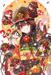 Rule 34 | 1girl, :t, brother and sister, chibi, crest, eating, family crest, fate/grand order, fate (series), fiery hair, floral print, grin, guitar, hair between eyes, hair over eyes, happy new year, hat, highres, instrument, japanese clothes, kimono, long hair, military hat, mini nobu (fate), multiple persona, new year, oda kippoushi (fate), oda nobukatsu (fate), oda nobunaga (fate), oda nobunaga (maou avenger) (fate), oda uri, peaked cap, red eyes, red nails, sash, siblings, smile, v, very long hair, yui (tamagohan)
