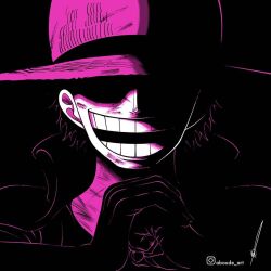Rule 34 | 1boy, aboude art, aged down, black hair, clenched hand, gol d. roger, hat, instagram logo, instagram username, limited palette, male focus, one piece, open mouth, short hair, signature, smile, solo, straw hat, teeth