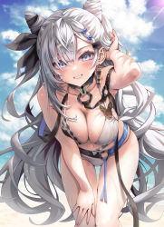 Rule 34 | 1girl, beach, bent over, bikini, blue eyes, blush, breasts, cleavage, collarbone, cone hair bun, deer, double bun, duplicate, earrings, hair bun, hair ornament, halterneck, highres, hololive, hololive indonesia, jewelry, kubota masaki, large breasts, lens flare, long hair, looking at viewer, multi-tied hair, navel, outdoors, parted lips, pixel-perfect duplicate, silver hair, sky, smile, solo, string bikini, swimsuit, thighs, vestia zeta, virtual youtuber