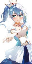 Rule 34 | 1girl, aqua eyes, bibideba (hololive), blue dress, blue hair, blurry, commentary request, crossed arms, crown, depth of field, dress, elbow gloves, gloves, highres, hololive, hoshimachi suisei, jewelry, kasumi komo, light blush, long hair, looking at viewer, necklace, official alternate costume, pink lips, ponytail, puffy short sleeves, puffy sleeves, ring, short sleeves, simple background, smile, solo, standing, star (symbol), star in eye, symbol in eye, two-tone dress, virtual youtuber, white background, white dress, white gloves