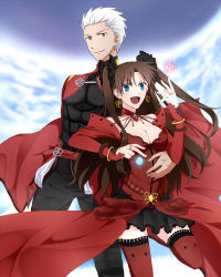 Rule 34 | 1boy, 1girl, :d, akira (ubw), archer (fate), bare shoulders, bracelet, breasts, brown hair, cleavage, dark-skinned male, dark skin, detached sleeves, earrings, fate/grand order, fate/stay night, fate (series), jewelry, medium breasts, open mouth, red thighhighs, skirt, smile, standing, standing on one leg, thighhighs, tohsaka rin, tohsaka rin (formalcraft), twintails, two side up, white hair, zettai ryouiki
