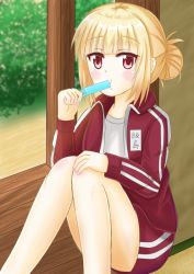 Rule 34 | 1girl, alternate hairstyle, bare legs, blonde hair, blunt bangs, blush, bush, commentary request, day, eating, food, gym shorts, hair bun, hair up, hand on own knee, holding, holding food, iijima yun, indoors, jacket, knees together feet apart, long sleeves, looking at viewer, matcha (soratohana128), name tag, new game!, popsicle, porch, red eyes, red jacket, red shorts, shirt, shorts, single hair bun, sitting, solo, tareme, track suit, white shirt
