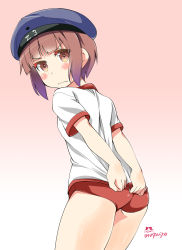 Rule 34 | 10s, 1girl, 3:, 3:&lt;, alternate costume, ass, blush stickers, brown eyes, brown hair, buruma, covering privates, covering ass, gym uniform, hat, highres, imu sanjo, kantai collection, looking at viewer, sailor hat, shirt tug, solo, v-shaped eyebrows, wavy mouth, z3 max schultz (kancolle)