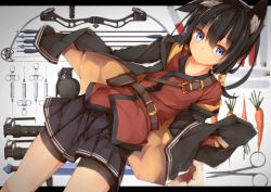 Rule 34 | 1girl, animal ears, arrow (projectile), belt, bike shorts, black hair, black jacket, black skirt, blue eyes, blush, bow (weapon), carrot, closed mouth, compound bow, dutch angle, flashbang, fox ears, fox girl, hair between eyes, hand up, jacket, letterboxed, long hair, looking at viewer, open clothes, open jacket, original, pleated skirt, shorts, shorts under skirt, skirt, solo, sword, syringe, test tube, thighs, weapon, yadokari (migihashi)