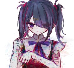Rule 34 | 1girl, ame-chan (needy girl overdose), black hair, bleeding, blood, collared shirt, glitch, hair ornament, hair over one eye, hair tie, hands up, highres, holding razor, injury, komachi (mizorez1), long hair, looking at viewer, neck ribbon, needy girl overdose, open mouth, purple eyes, purple ribbon, razor, red shirt, ribbon, self-harm, self-harm scar, shirt, simple background, solo, suspenders, sweatdrop, tearing up, twintails, upper body, white background, wrist cutting, x hair ornament