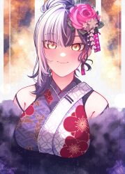 Rule 34 | 1girl, absurdres, artist name, asymmetrical hair, black hair, blush, breasts, closed mouth, commentary, craymer, earrings, floral print, floral print kimono, flower, fur-trimmed kimono, fur trim, hair bun, hair flower, hair intakes, hair ornament, highres, hololive, hololive english, japanese clothes, jewelry, kimono, large breasts, looking at viewer, medium hair, multicolored hair, official alternate costume, official alternate hairstyle, rose, sayagata, shiori novella, shiori novella (new year), shippou (pattern), signature, sleeveless, sleeveless kimono, smile, solo, split-color clothes, split-color hair, symbol-only commentary, tassel, tassel earrings, two-tone hair, upper body, virtual youtuber, white hair, yellow eyes