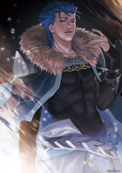 Rule 34 | 1boy, abs, armor, belt, blue hair, capelet, collarbone, cu chulainn (fate), cu chulainn (caster) (fate), earrings, embers, fate/grand order, fate (series), fire, fur, fur-trimmed capelet, fur trim, greaves, highres, jakojakojako, jewelry, cu chulainn (fate/stay night), long hair, male focus, muscular, pauldrons, red eyes, ring, shoulder armor, skin tight, solo, spiked hair, type-moon