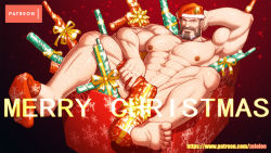 Rule 34 | 1boy, abs, armpits, bara, beard, biceps, box, check copyright, chest hair, christmas, completely nude, copyright request, covering privates, covering crotch, facial hair, feet, full body, gift, gift box, gift wrapping, gun, hat, holding, holding gun, holding weapon, in box, in container, large pectorals, leg hair, looking at viewer, male focus, mature male, merry christmas, muscular, muscular male, mustache, navel, nipples, nude, one eye closed, original, pectorals, santa hat, short hair, snowflake print, socks, soles, solo, stomach, thick thighs, thighs, toes, weapon, zelo-lee