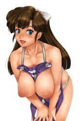 Rule 34 | animated, animated gif, apron, blue eyes, blush, breasts, breasts squeezed together, brown hair, hair ornament, kuonji ukyou, large breasts, long hair, looking at viewer, nipples, no bra, open mouth, panties, ranma 1/2, sakuradou, simple background, solo, standing, underwear, white background