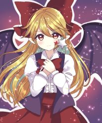 Rule 34 | bat wings, black vest, blonde hair, blush, bow, closed mouth, elis (touhou), facial mark, hair bow, highres, holding, holding wand, long hair, long skirt, long sleeves, looking at viewer, ougi hina, pointy ears, red bow, red eyes, red neckwear, red skirt, shirt, skirt, star (symbol), star wand, touhou, touhou (pc-98), upper body, vest, wand, white shirt, wings