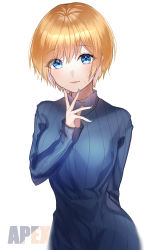 Rule 34 | 1girl, alternate costume, animification, apex legends, blonde hair, blue eyes, blue nails, blue sweater, copyright name, fingers to chin, hand on own chin, highres, looking at viewer, nail polish, ribbed sweater, short hair, smile, solo, sweater, tmt.tem, turtleneck, wattson (apex legends), white background