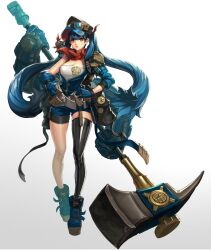 Rule 34 | 1girl, :t, absurdres, armor, asymmetrical clothes, asymmetrical legwear, bare shoulders, belt, black thighhighs, blue gloves, blue hair, blue jacket, breasts, cleavage, commentary, daeho cha, full body, garter straps, gloves, hammer, hands on own hips, hat, highres, jacket, long hair, looking at viewer, medium breasts, original, pauldrons, peaked cap, photoshop (medium), pout, red eyes, shoulder armor, simple background, single thighhigh, solo, thighhighs, twintails, uneven legwear, very long hair, war hammer, weapon, white background