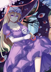Rule 34 | 1girl, blonde hair, breasts, cleavage, closed mouth, collarbone, commentary request, dress, elbow gloves, frilled dress, frills, gap (touhou), gloves, hat, hat ribbon, highres, holding, holding umbrella, large breasts, long hair, looking at viewer, mirufui, mob cap, outdoors, pink eyes, pink umbrella, purple dress, red ribbon, ribbon, short sleeves, solo, touhou, umbrella, water, waterfall, white gloves, white hat, yakumo yukari