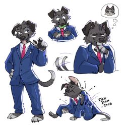 Rule 34 | 1boy, ace attorney, animal ears, animal nose, blue suit, body fur, claws, closed eyes, closed mouth, commentary, dog boy, dog ears, dog tail, english commentary, faintsuns, formal, furrification, furry, furry male, highres, long sleeves, male focus, miles edgeworth, mouth hold, multiple views, necktie, pants, pawpads, phoenix wright, red necktie, scratching, simple background, sitting, snout, standing, suit, tail, tail wagging, thought bubble, white background