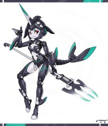 1girl breasts cetacean_tail colored_skin fins fish_tail full_body highres holding_trident horns joints lordyanyu mechanical_hair mechanical_tail navel orca_girl original piston polearm red_eyes robot_girl robot_joints single_horn small_breasts solo tail trident weapon white_skin