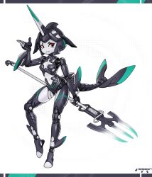 1girl breasts cetacean_tail colored_skin fins fish_tail full_body highres holding_polearm horns joints lordyanyu mechanical_hair mechanical_tail navel orca_girl original piston polearm red_eyes robot_girl robot_joints single_horn small_breasts solo tail trident weapon white_skin