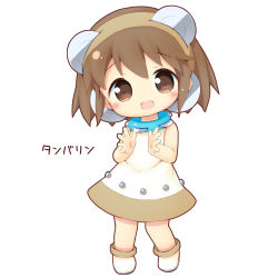 Rule 34 | 1girl, :d, aikei ake, bare arms, bare shoulders, blush, boots, brown eyes, brown hair, chibi, dress, full body, hair between eyes, hair ornament, highres, instrument, looking at viewer, open mouth, original, personification, simple background, sleeveless, sleeveless dress, smile, solo, tambourine, translation request, white background, white dress, white footwear