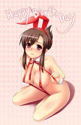 Rule 34 | 1girl, animal ears, bikini, blush, breasts, brown hair, cleavage, covered erect nipples, english text, female focus, frown, full body, gradient background, large breasts, looking up, original, ponytail, purple eyes, rabbit ears, ribbon, short hair, sitting, solo, string bikini, surume (clavis), swimsuit, wrist cuffs