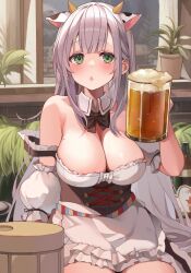 Rule 34 | 1girl, alcohol, animal ears, animal print, apron, architecture, bad id, bad pixiv id, bare shoulders, beer, beer mug, black bow, black bowtie, blunt bangs, blush, bottle, bow, bowtie, breasts, chestnut mouth, cleavage, cow ears, cow horns, cow print, cropped legs, cup, detached collar, detached sleeves, dirndl, dot nose, drink, frilled skirt, frills, german clothes, german text, green eyes, grey hair, hair behind ear, highres, holding, holding cup, holding drink, hololive, horns, large breasts, long hair, looking at viewer, mole, mole on breast, momomiya, mug, official alternate costume, official alternate hair length, official alternate hairstyle, open mouth, plant, puffy detached sleeves, puffy sleeves, shirogane noel, shirogane noel (dirndl), sitting, skirt, solo, upper body, virtual youtuber, waist apron, white apron, window, wrist cuffs