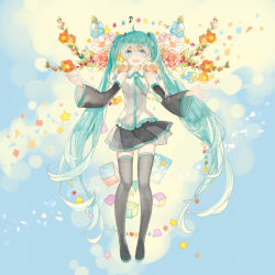 Rule 34 | 1girl, absurdly long hair, aqua eyes, aqua hair, boots, detached sleeves, flower, full body, hatsune miku, long hair, mig (36th underground), necktie, open mouth, skirt, solo, thigh boots, thighhighs, twintails, very long hair, vocaloid