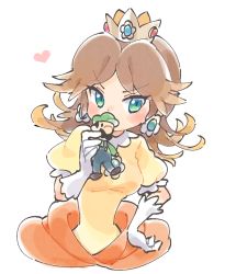 Rule 34 | 1girl, blush, breasts, brown hair, character doll, covering own mouth, cropped torso, crown, doll, dot nose, dress, earrings, elbow gloves, flower earrings, gloves, green eyes, hand on own hip, hand up, heart, holding, holding doll, jewelry, looking at viewer, luigi, mario (series), medium breasts, medium hair, nintendo, orange dress, princess, princess daisy, puffy short sleeves, puffy sleeves, short sleeves, simple background, super mario bros. 1, super mario land, ukata, upper body, v-shaped eyebrows, white background, white gloves, yellow dress