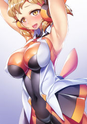 Rule 34 | 1girl, armpits, arms up, bodysuit, breasts, brown hair, covered erect nipples, hair ornament, hairclip, headgear, highres, impossible bodysuit, impossible clothes, katourennyu, large breasts, looking at viewer, open mouth, orange bodysuit, orange eyes, senki zesshou symphogear, shiny clothes, shiny skin, short hair, skin tight, sleeveless, smile, solo, standing, tachibana hibiki (symphogear)