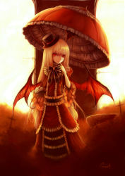 1girl absurdres bad_id bad_pixiv_id bow brooch choker crazat gothic_lolita hat highres jewelry lolita_fashion long_hair mini_hat mini_top_hat original red_eyes smile top_hat umbrella vampire white_hair wings