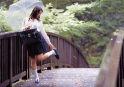 Rule 34 | bag, bridge, loafers, photo (medium), rain, school uniform, serafuku, shoes, socks, transparent umbrella, umbrella, white legwear