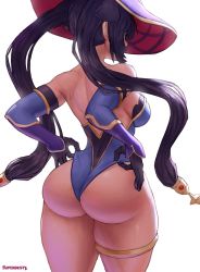 Rule 34 | 1girl, adjusting clothes, adjusting leotard, artist name, ass, back, bare shoulders, black hair, breasts, dark skin, elbow gloves, from behind, genshin impact, gloves, hat, highres, huge ass, leotard, medium breasts, mona (genshin impact), purple hat, solo, superbusty, thick thighs, thighlet, thighs, twintails, white background, wide hips, witch hat