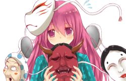 Rule 34 | 1girl, bad id, bad pixiv id, bow, expressionless, flying sweatdrops, fox mask, hata no kokoro, long hair, long sleeves, looking at viewer, mask, mouth mask, oni mask, pink eyes, pink hair, plaid, plaid shirt, shirt, simple background, skirt, solo, touhou, very long hair, white background, wide sleeves, x&amp;x&amp;x