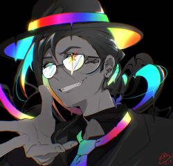 Rule 34 | 1boy, 826nyanchan, black background, camellia (cametek), camellia (musician), colorful, commentary request, glasses, glowing, grin, hat, highres, long hair, male focus, necktie, outstretched hand, ponytail, rainbow, real life, sharp teeth, signature, smile, solo, spot color, teeth, upper body, wacca